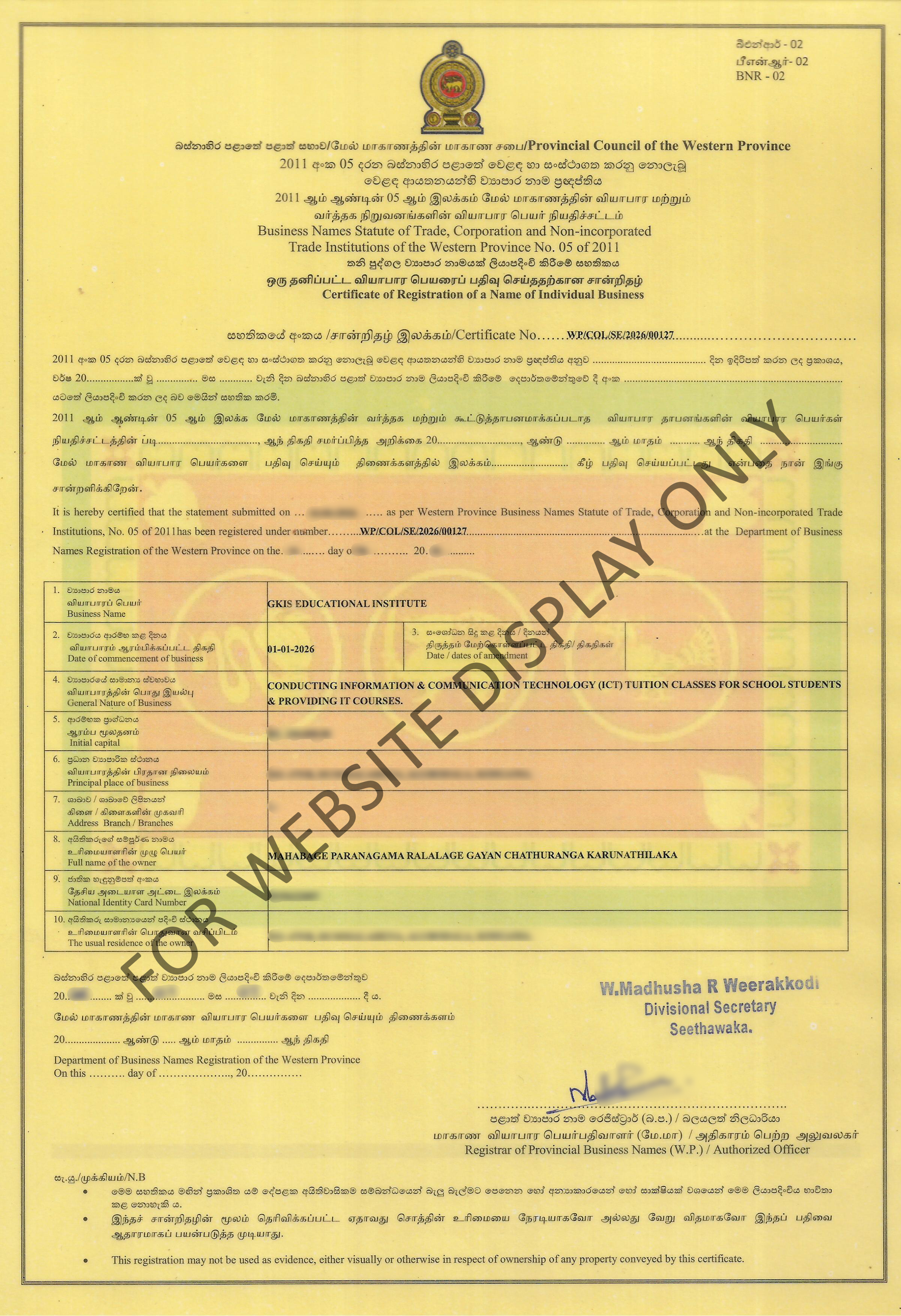 GKIS Business Registration Certificate
